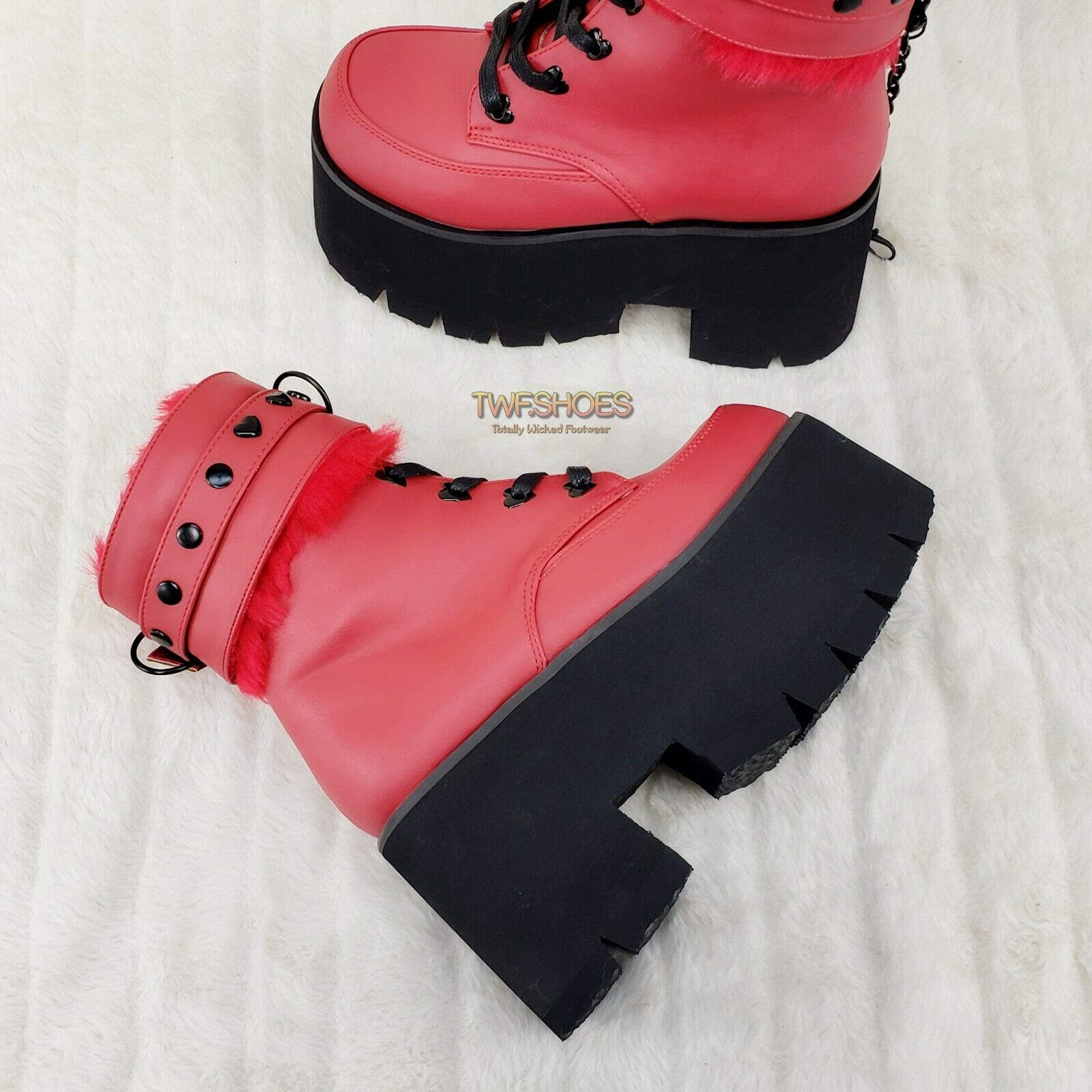 Ashes 57 RED Heart Studs 3.5" Platform Goth Boots Fur Lined Cuffs & Chain NY - Totally Wicked Footwear