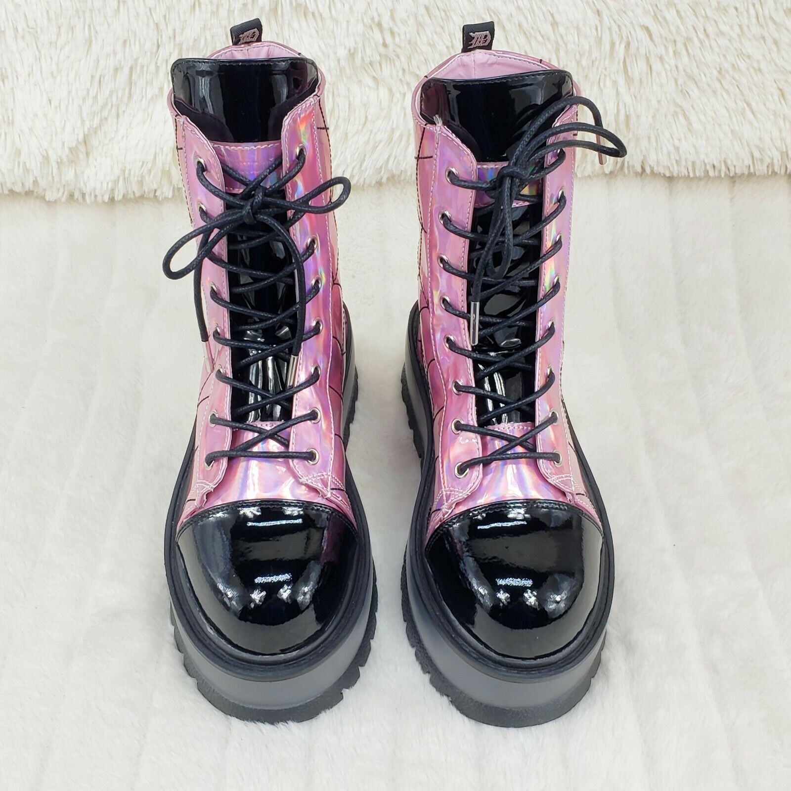 Slacker 88 Pink Hologram Spider Web Design Up Ankle Boots US 6-12 Goth NY - Totally Wicked Footwear