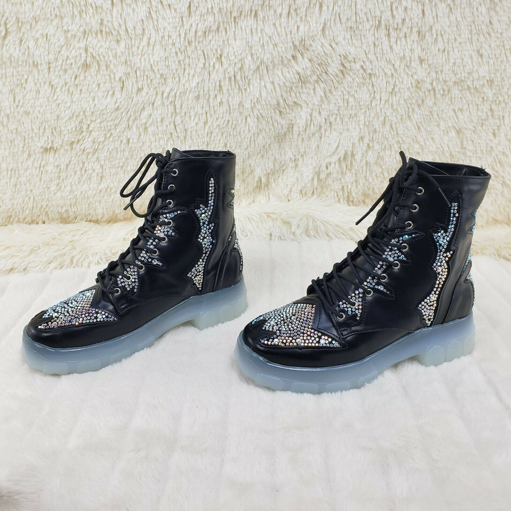 CR Aces Black Iridescent Rhinestone Lace Up Platform Sneaker Combat Ankle  Boots