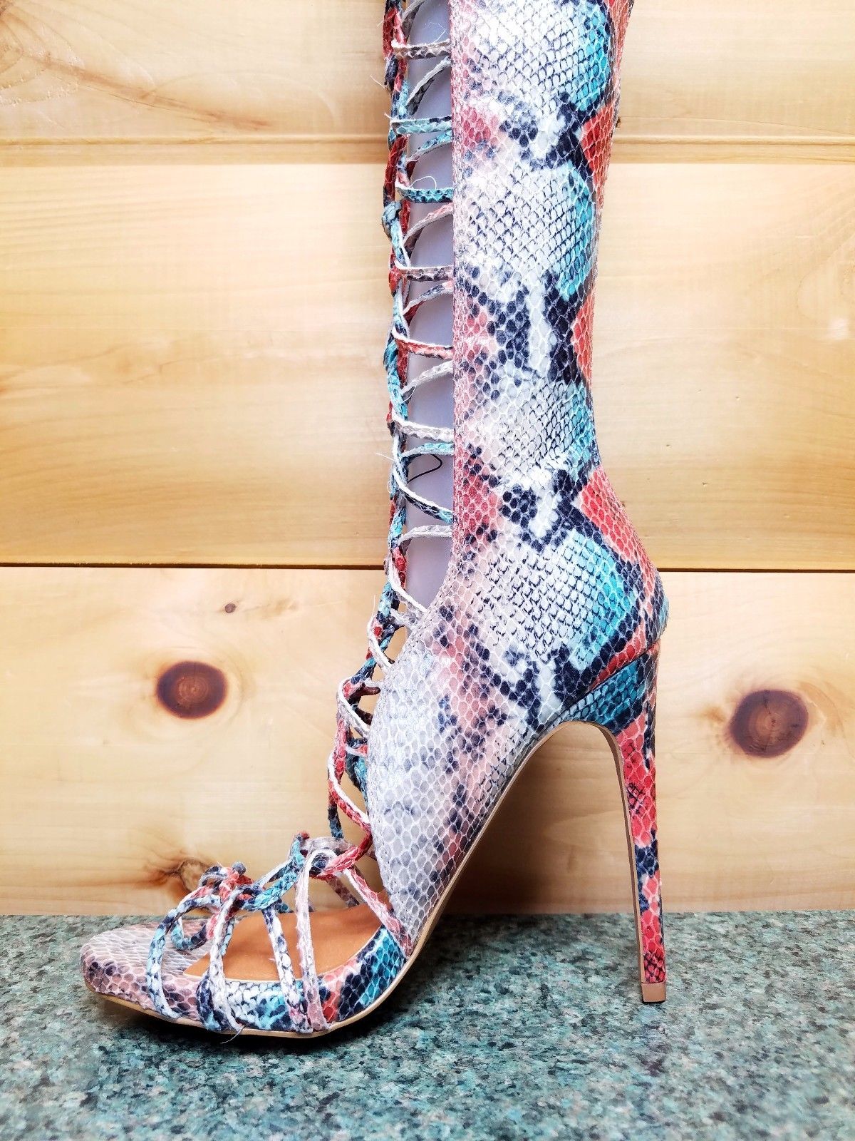 Nelly B Bernal Yanina Copper Snake Lace Up OTK High Heels Boots ...