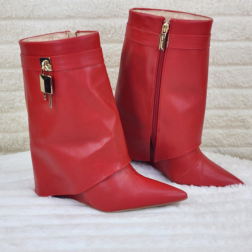 Valley Fold Over Skirted Ankle Boots Wedge Heels Soft Vegan Leather Red - Totally Wicked Footwear