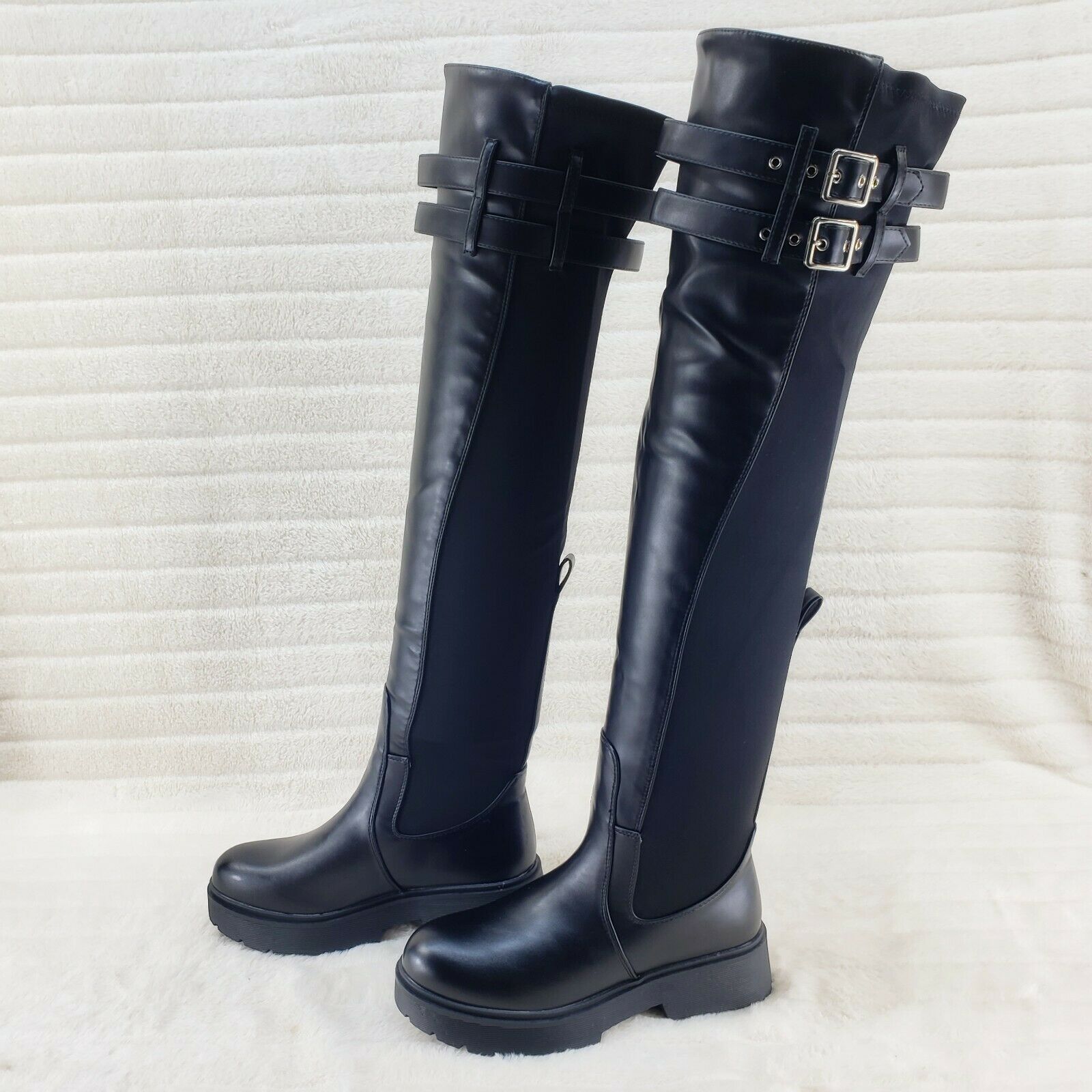 Techno Baby Black Leatherette Spandex Stretch Panel Lug Sole Thigh High Boots - Totally Wicked Footwear