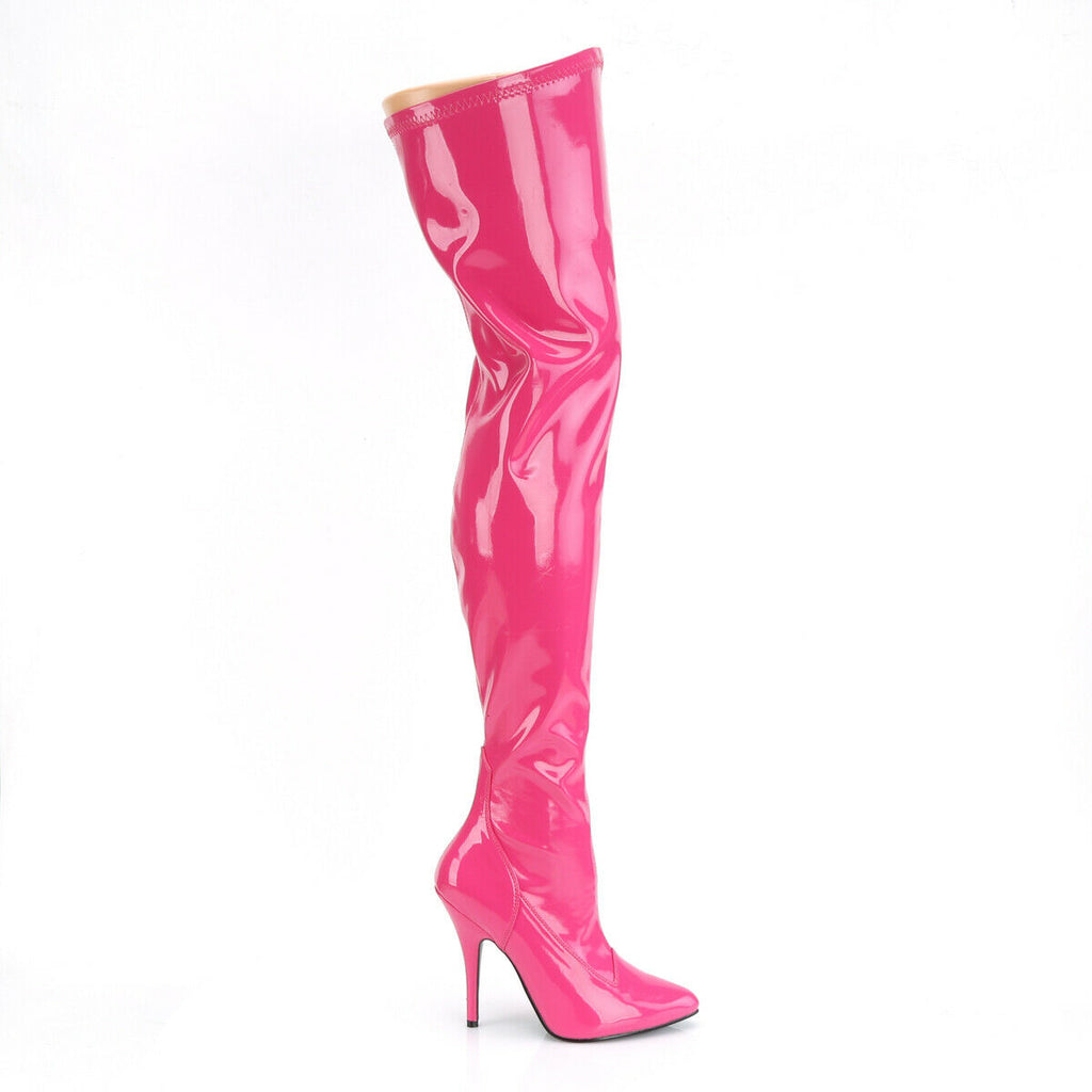 Seduce 3000 Stretch Hot Pink Patent Thigh High Boot Stiletto Heels Sizes 13 & 14 - Totally Wicked Footwear