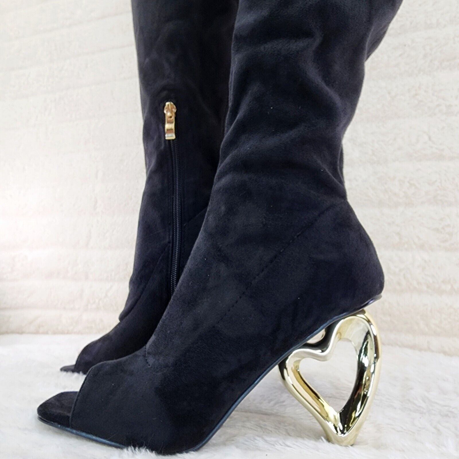 Zen Love Colorful Black Stretch FX Suede Over The Knee Boots Wedge Heart heels - Totally Wicked Footwear