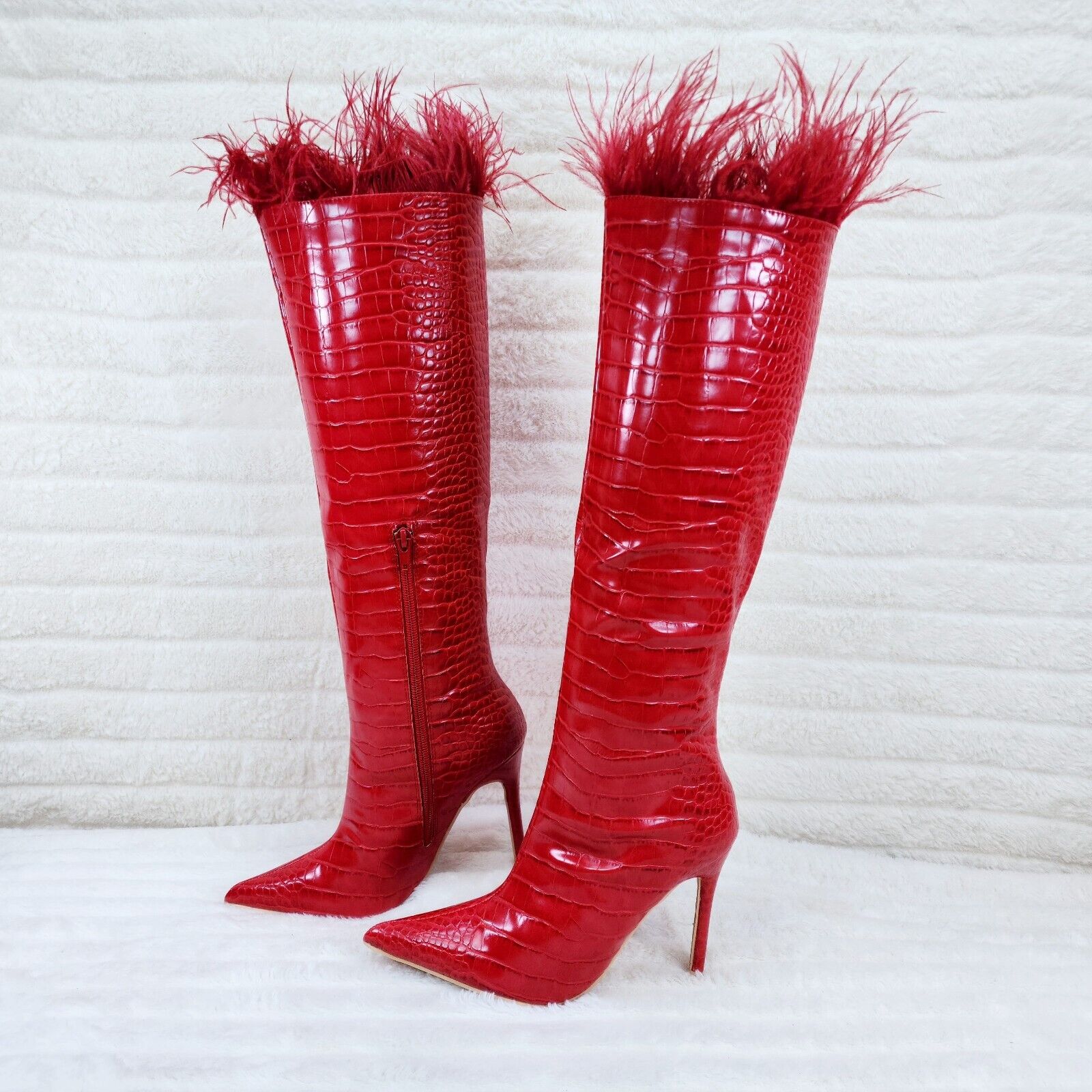 Flirty Red Snake Texture Knee High Heel Stiletto Boots Sexy Feather Top - Totally Wicked Footwear