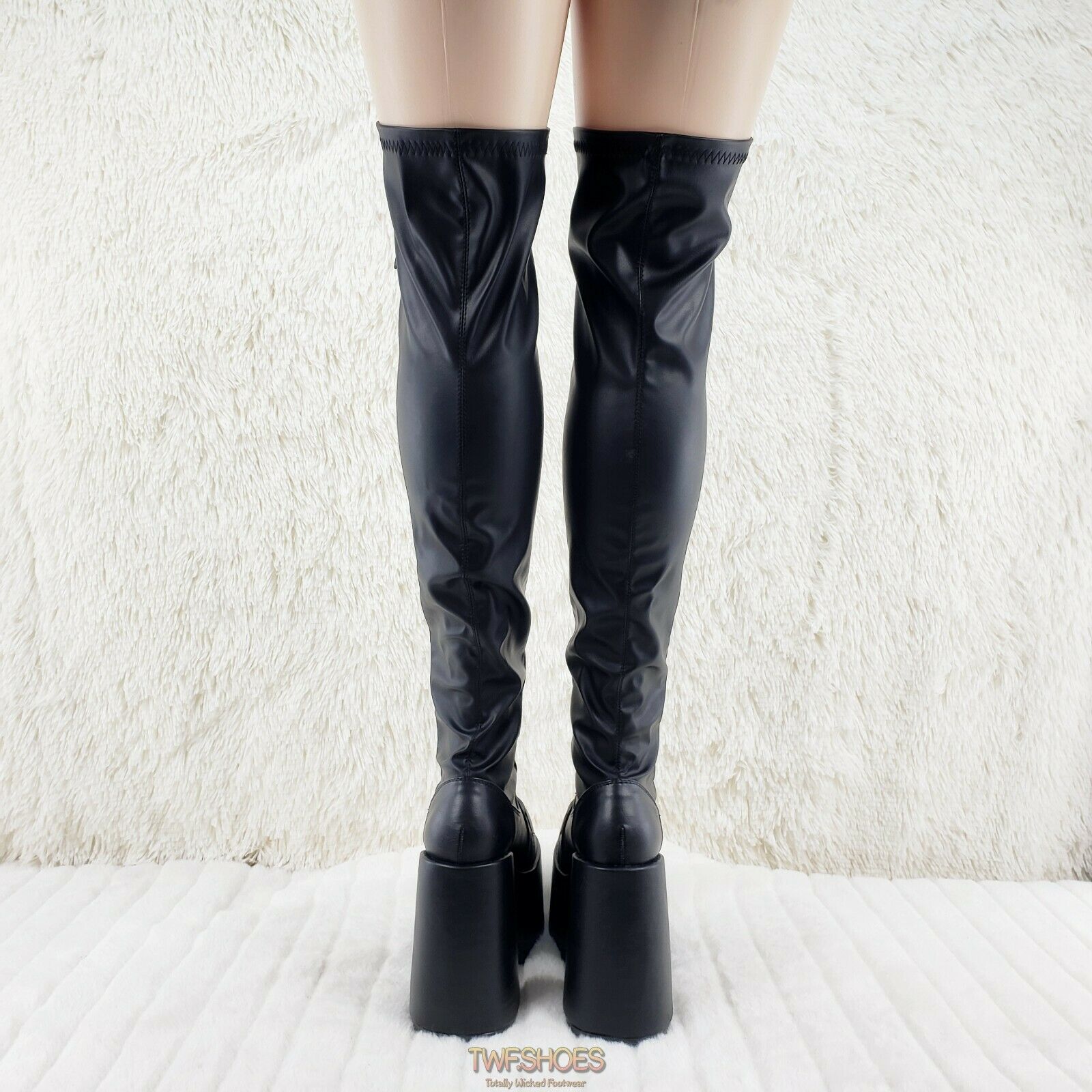 Camel 300 Platform 5" Heel Stretch Lace Up Goth Punk Thigh Boots Black Matte NY - Totally Wicked Footwear