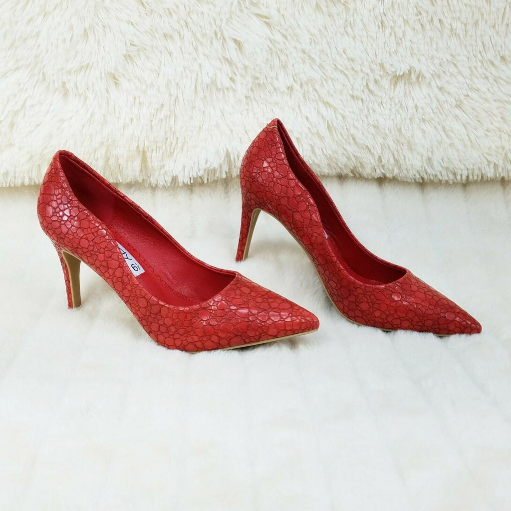 Monica Textured 3.5" Heel Pointy Toe Pump Shoes Red - Totally Wicked Footwear