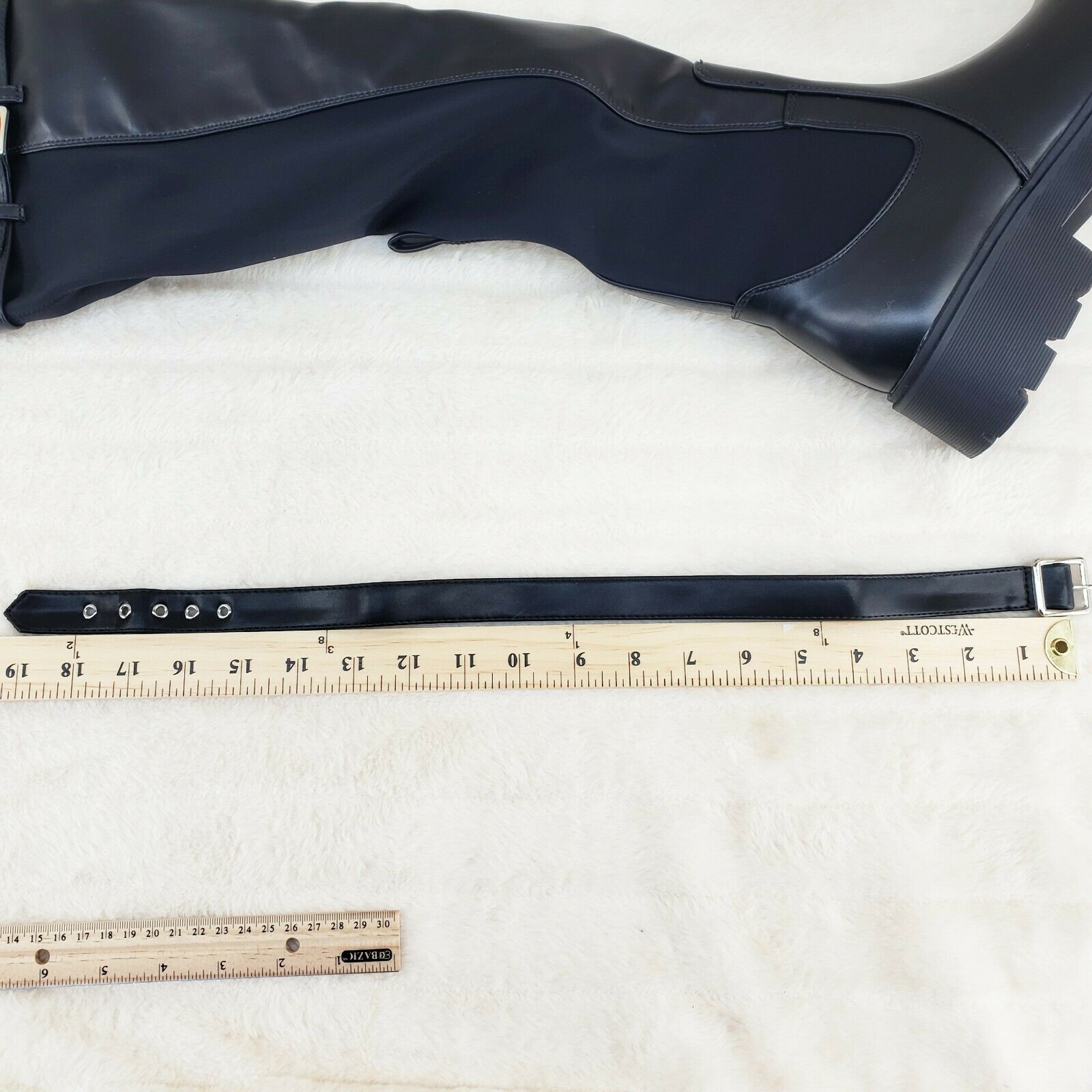 Techno Baby Black Leatherette Spandex Stretch Panel Lug Sole Thigh High Boots - Totally Wicked Footwear