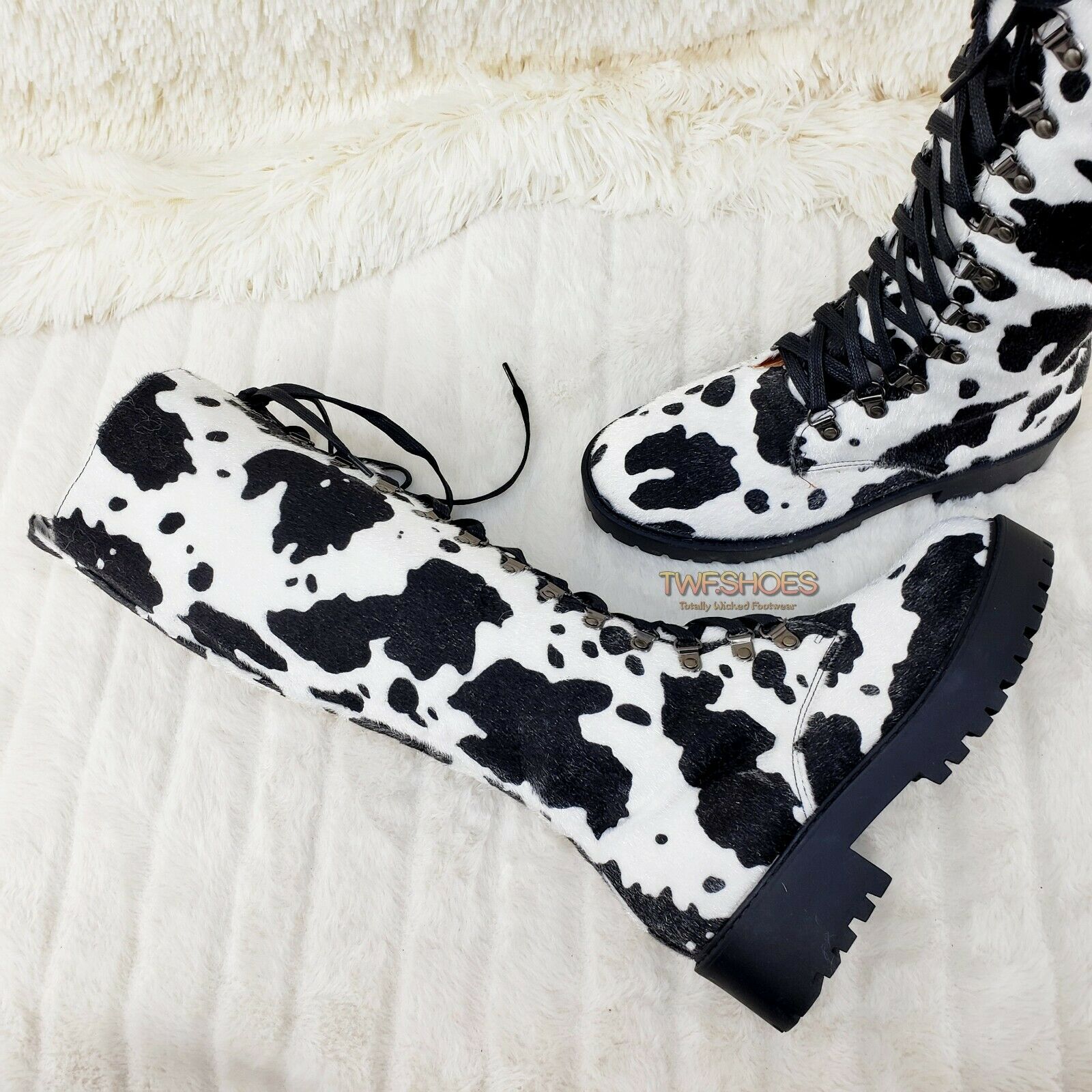 Savage Goth Punk Rock Faux Cow Fur Lace Up Platform Combat Knee Boots - Totally Wicked Footwear