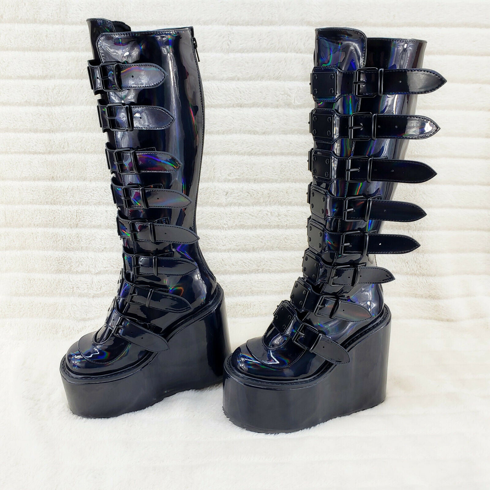 Swing 815 Black Oil Slick hologram Goth Punk Knee Boot 5.5" Platform In House - Totally Wicked Footwear