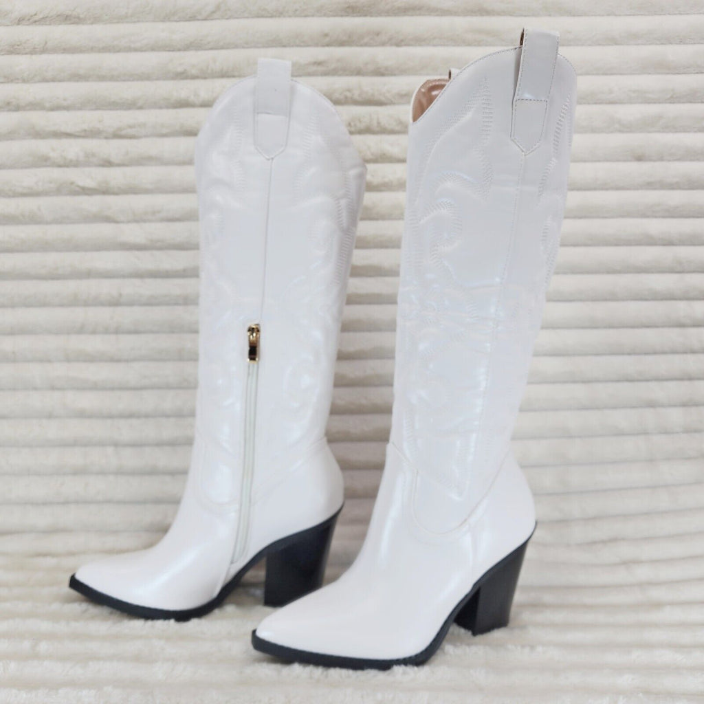 Electric Cowboy Brush Metallic Matte Western Knee High Cowgirl Boots Pearl White - Totally Wicked Footwear