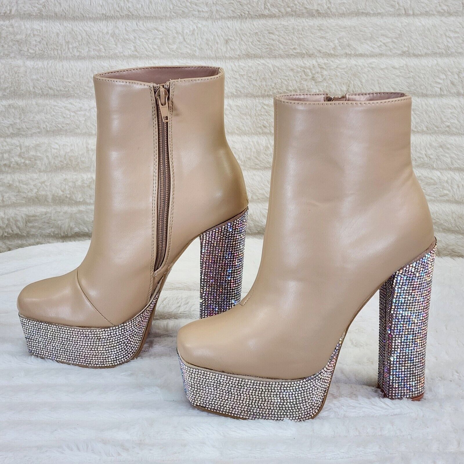 Nikki Cream Leatherette Rhinestone Platform Chunky Heel Ankle Boots - Totally Wicked Footwear