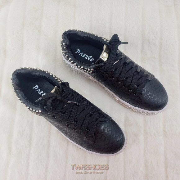 Bling Woman's Jeweled Fashion Sneakers Stud Collar Black Snake Texture 7-11 - Totally Wicked Footwear