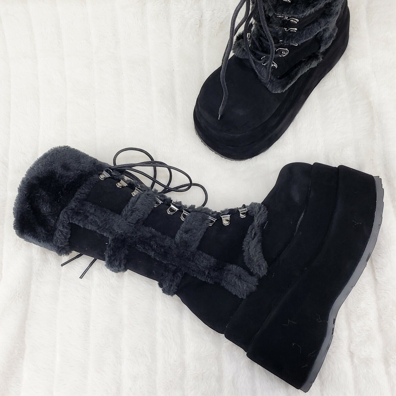 Bear 202 Black Faux Fur / Suede Platform Goth Punk Calf Boots NY Restock Stomper - Totally Wicked Footwear