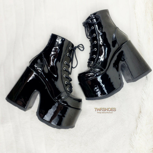Demonia 203 Camel Stacked Black Patent Platform Goth Punk Ankle Boots RESTOCK NY - Totally Wicked Footwear