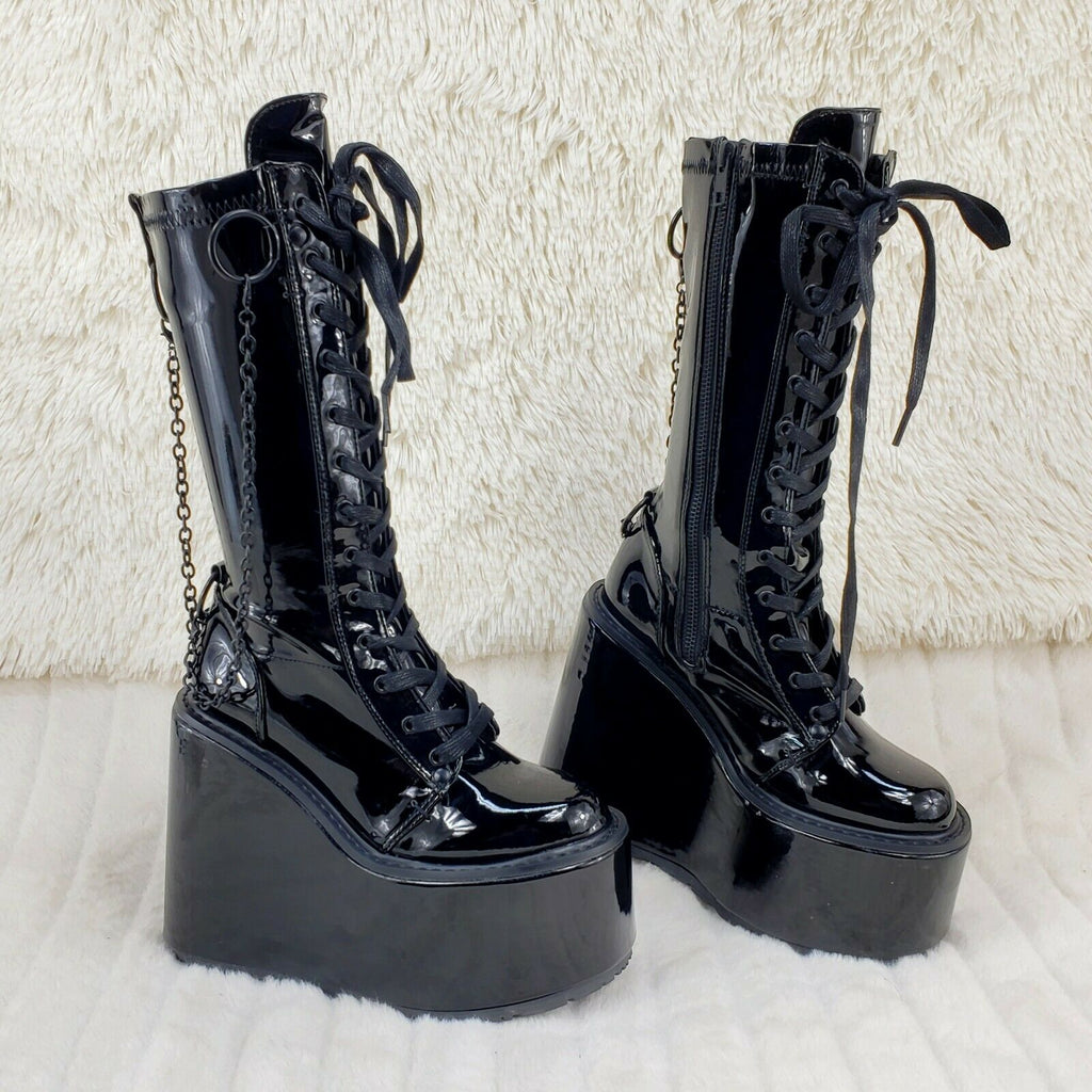 Swing 150 Black Stretch Goth Knee Boot 5.5" Platform With Chains In House NY - Totally Wicked Footwear