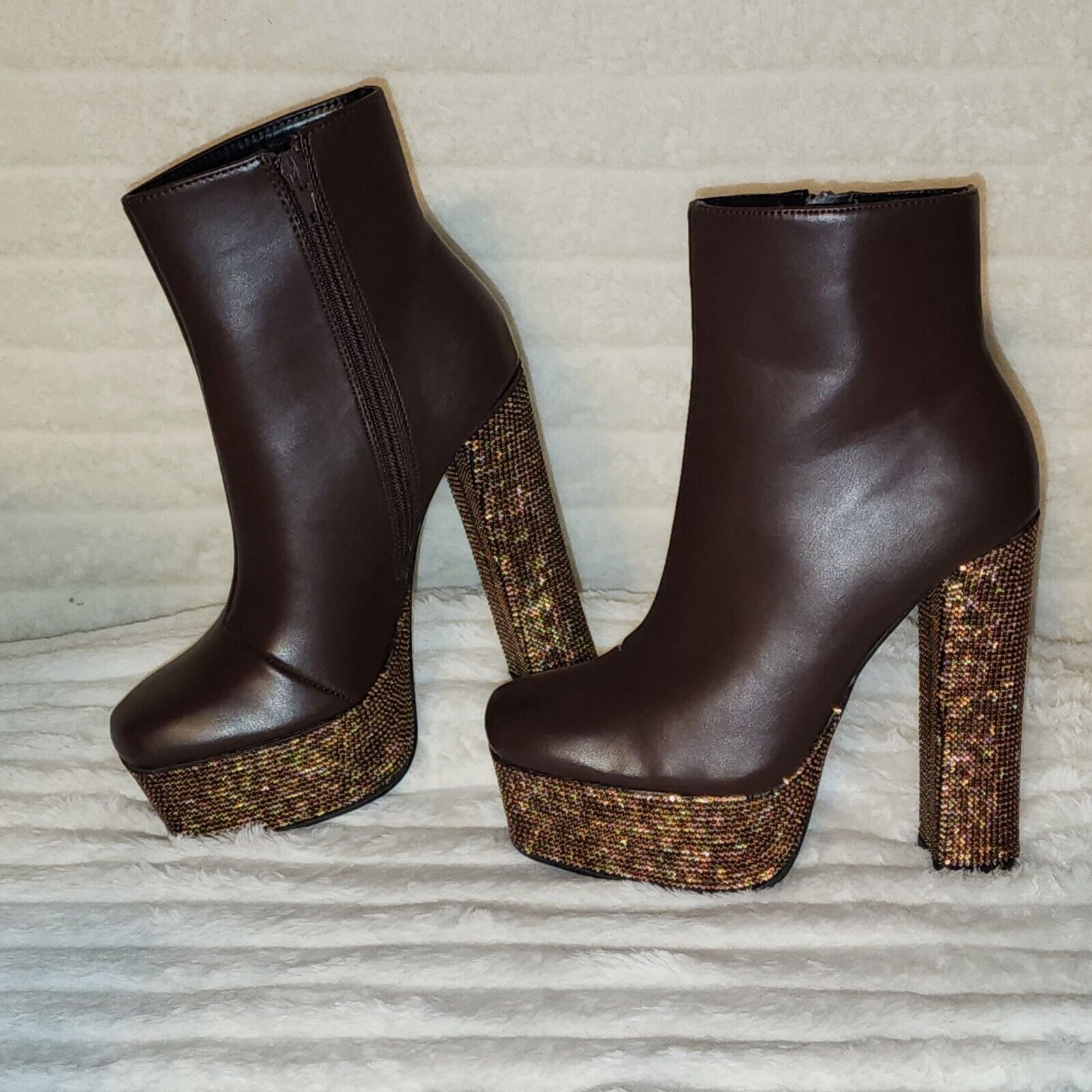 Nikki Brown Leatherette Rhinestone Platform Chunky Heel Ankle Boots - Totally Wicked Footwear