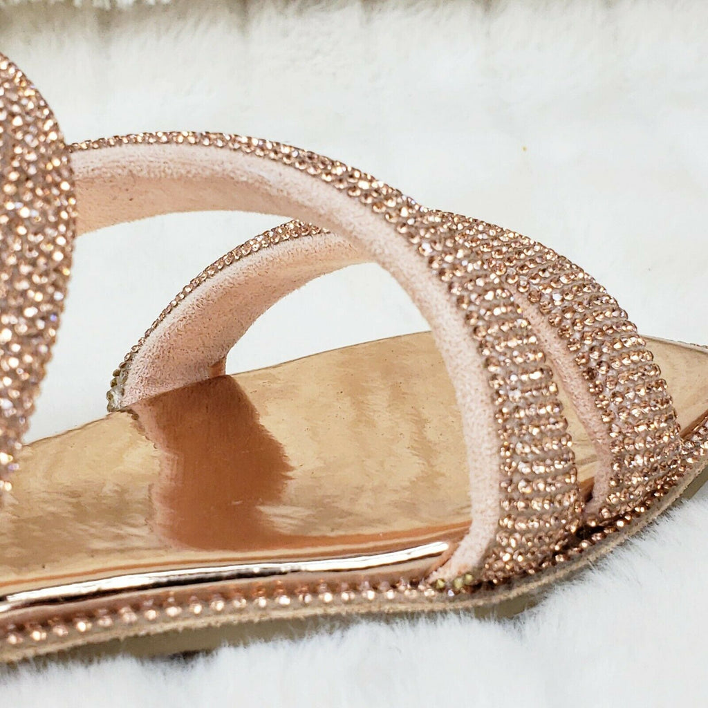 Sparkle Triple Padded Strap Slip On Rose Gold Rhinestone Sandals - Totally Wicked Footwear