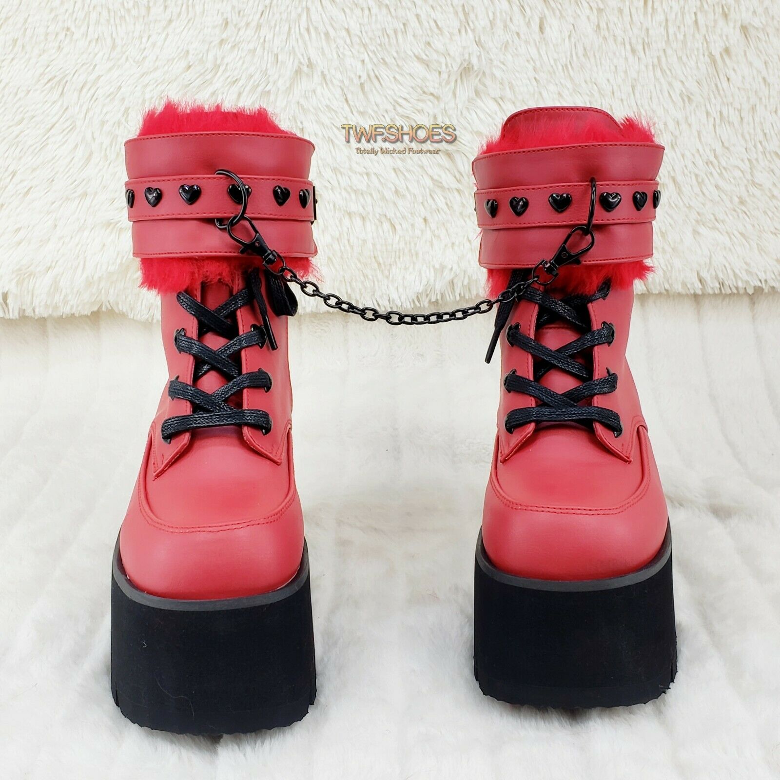 Ashes 57 RED Heart Studs 3.5" Platform Goth Boots Fur Lined Cuffs & Chain NY - Totally Wicked Footwear