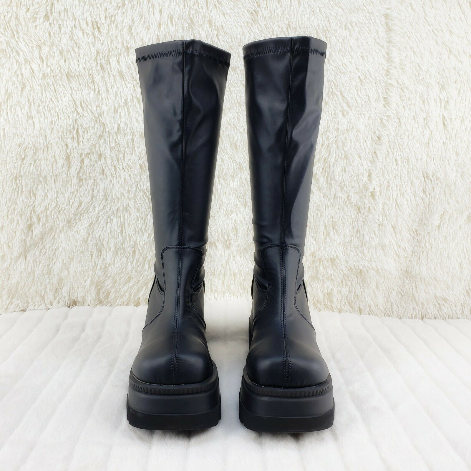 Demonia Shaker 65 Black Matte Platform 4.5" Wedge Heel Knee Boots NY - Totally Wicked Footwear