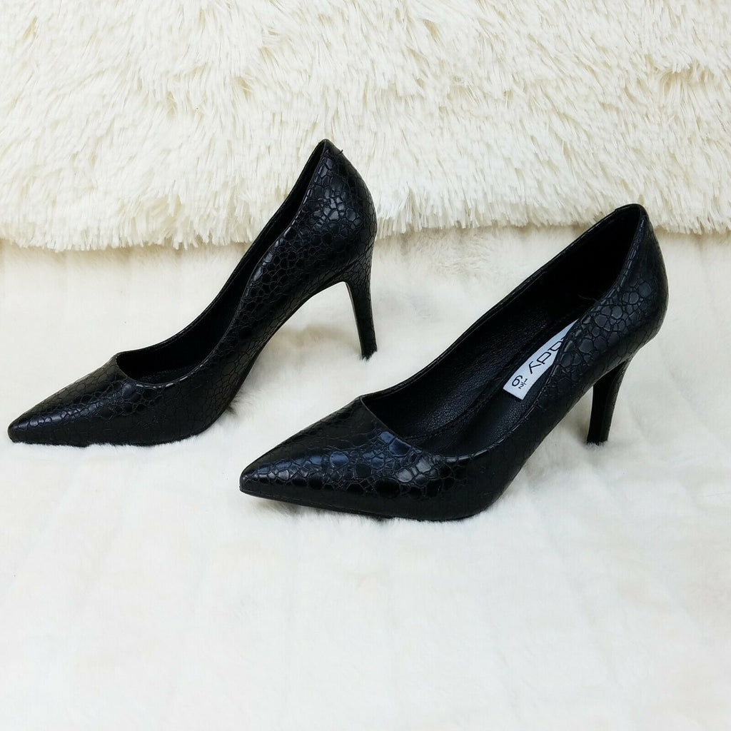 Monica Textured 3.5" Heel Pointy Toe Pump Shoes Black - Totally Wicked Footwear