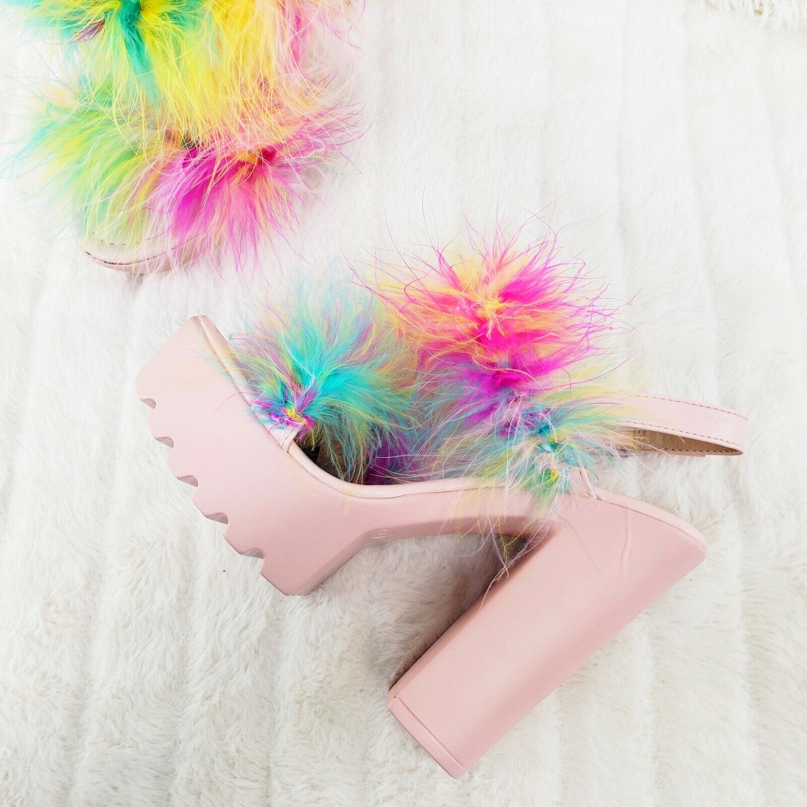 Top Rate Marabou Double Strap Chunky High Heels Platform Sandal Shoes Multicolor - Totally Wicked Footwear