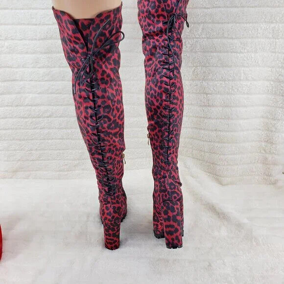 Fever Red Leopard Stretch Lace Up Back OTK Chunky Heel Boots Lug Sole - Totally Wicked Footwear
