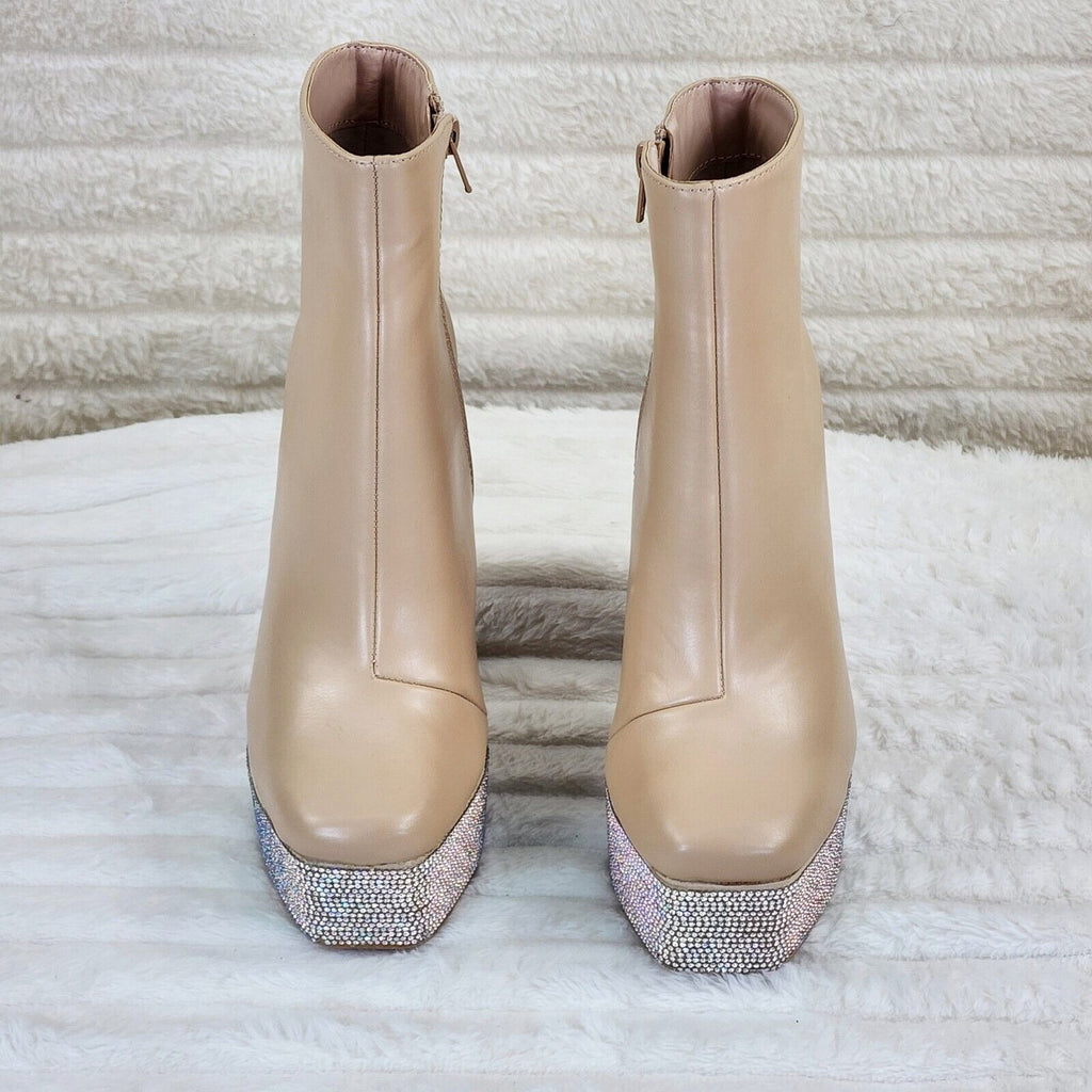 Nikki Cream Leatherette Rhinestone Platform Chunky Heel Ankle Boots - Totally Wicked Footwear