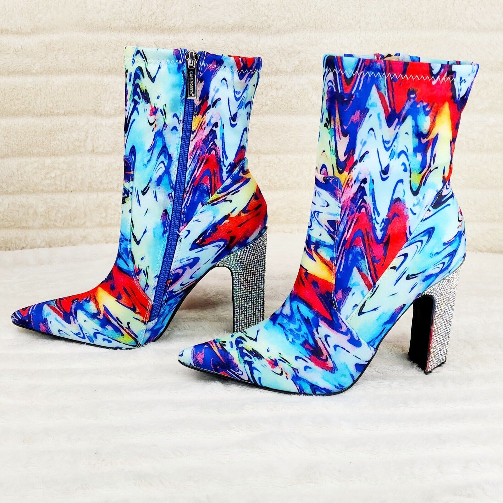 Regal Multi Color Print Stretch Upper Rhinestone Heel Ankle Boots - Totally Wicked Footwear
