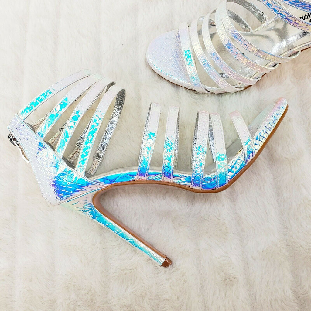 Bella Luna Jane 3 Silver Hologram Multi Strap 4.5" High Heel Shoe 6-10 - Totally Wicked Footwear