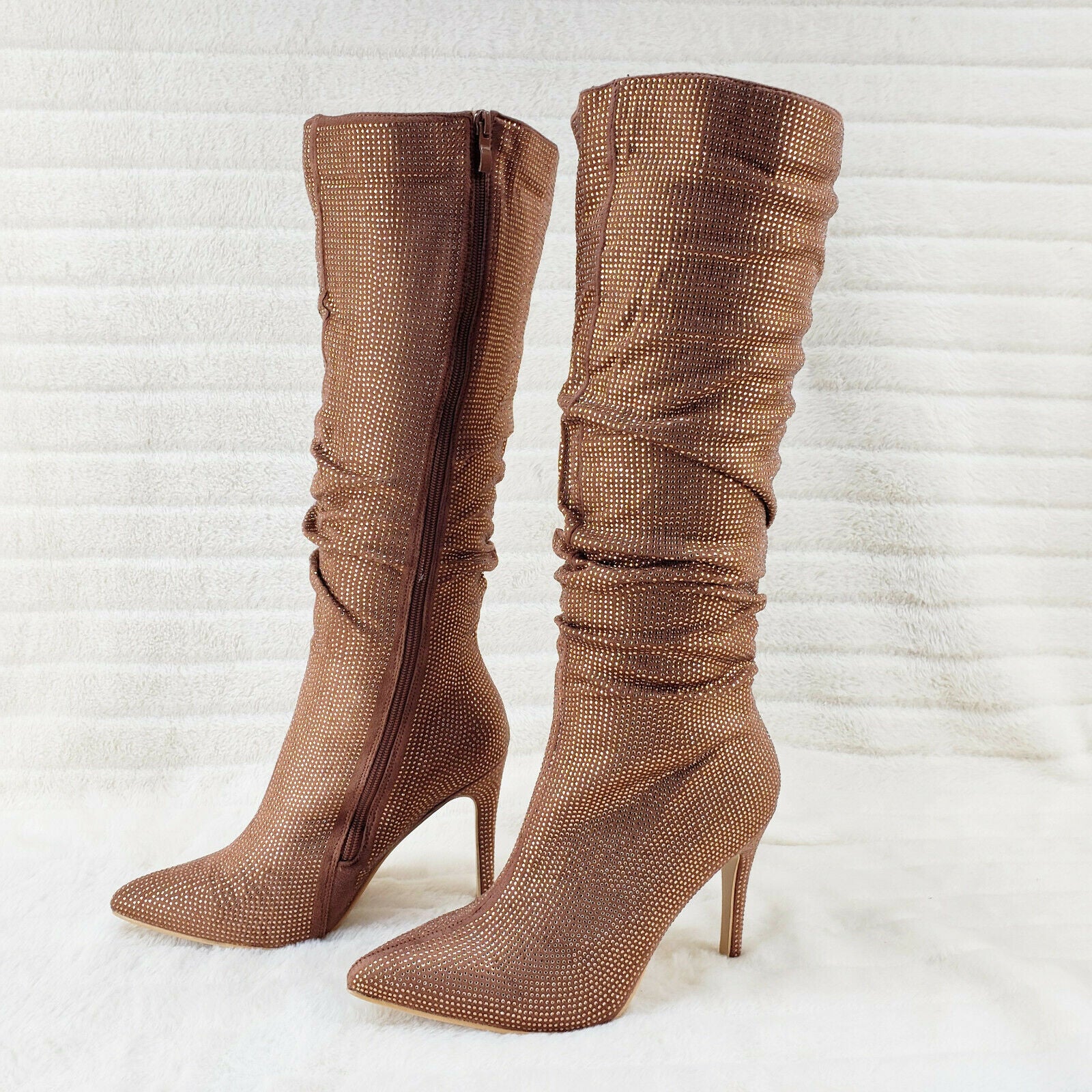Sparkle Trend Brown Rhinestone Slouchy Scrunch High Heel Knee Boots - Totally Wicked Footwear