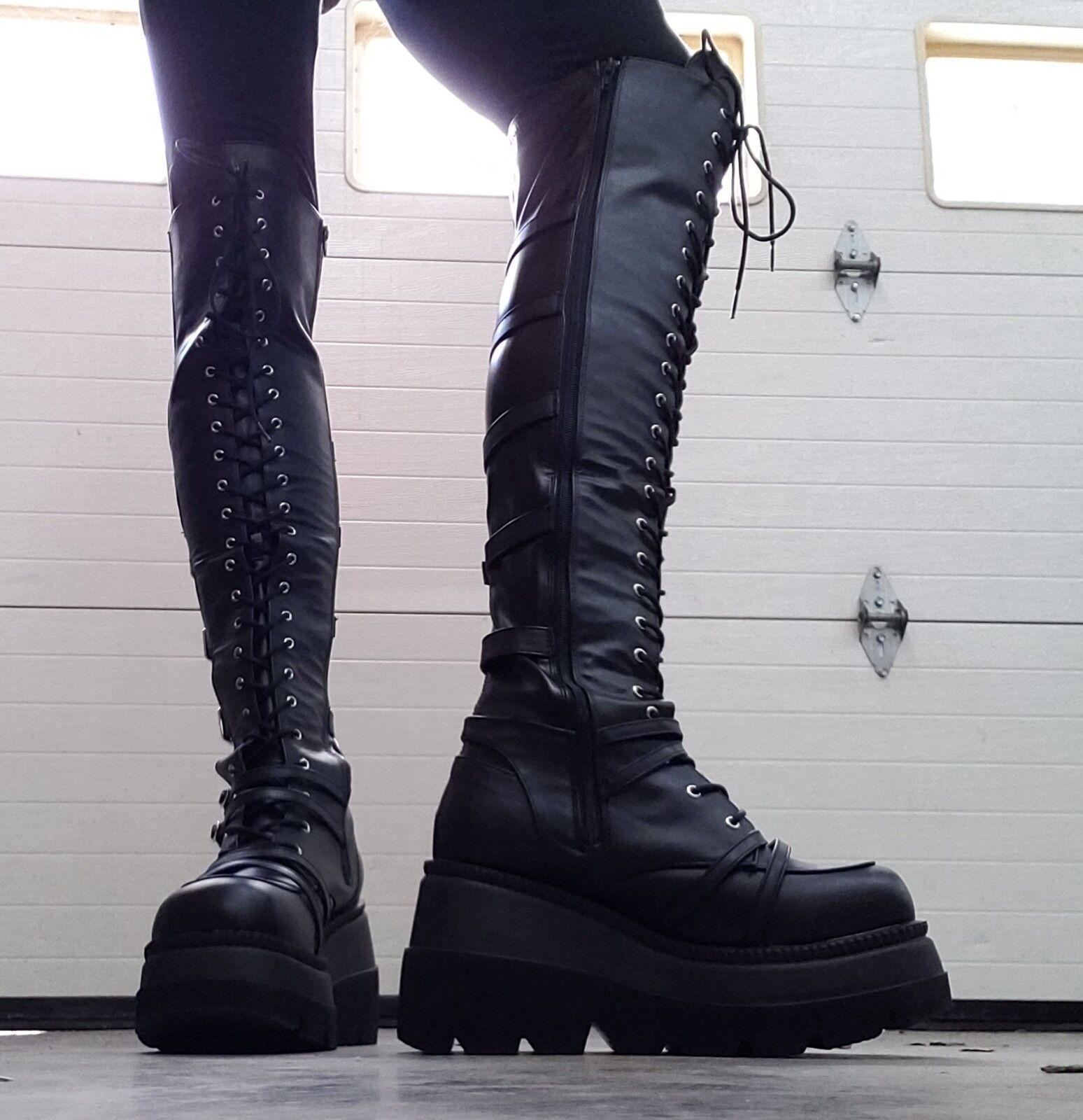 Shaker 350 Black Wide Platform 4.5" Wedge Heel Over The Knee Boots NY DEMONIA - Totally Wicked Footwear