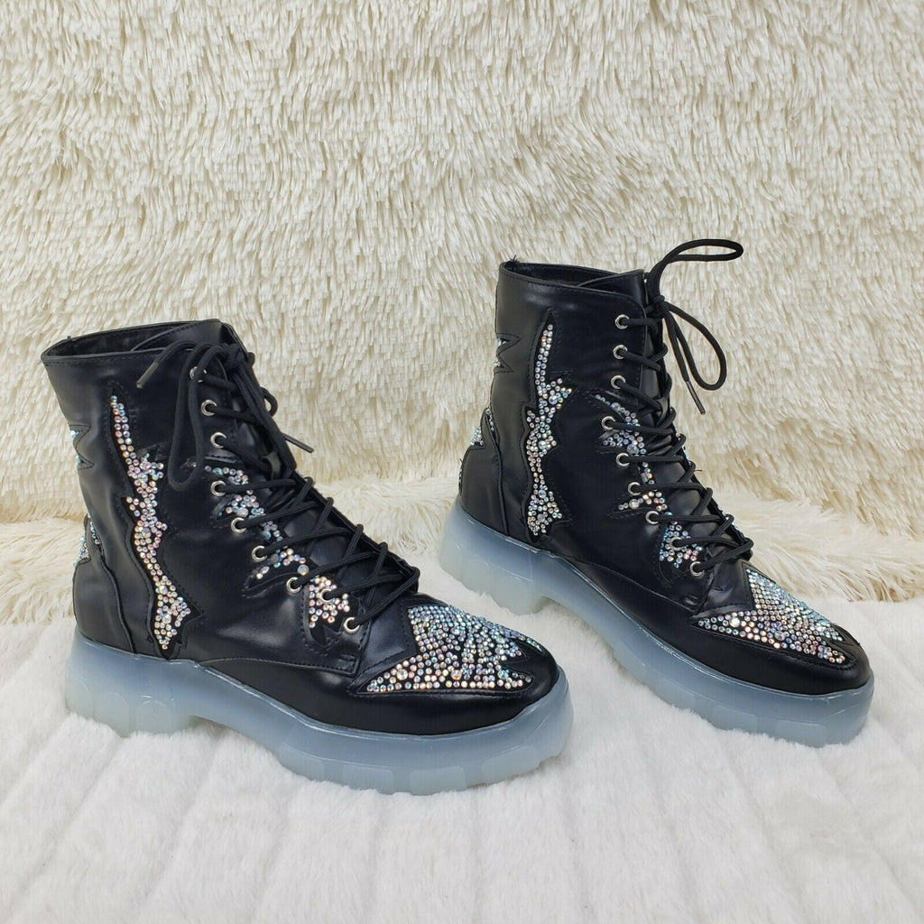 CR Aces Black Iridescent Rhinestone Lace Up Platform Sneaker Combat Ankle  Boots