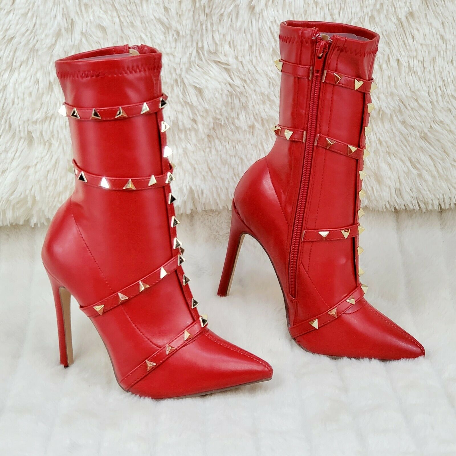 Mark Pyramid Stud Strap High Heel Pointy Toe Stretch Ankle Boots Red - Totally Wicked Footwear