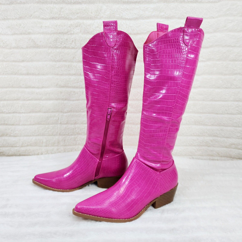 Sissy Fuchsia Pink Snake Texture Western Knee High 2" Heel Cowgirl Boots - Totally Wicked Footwear
