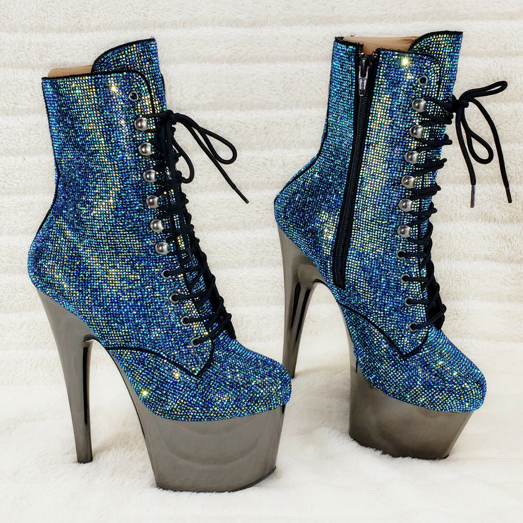 Adore 1020CHRS Teal Pewter Rhinestone 7" High Heel Platform Ankle Boots NY - Totally Wicked Footwear