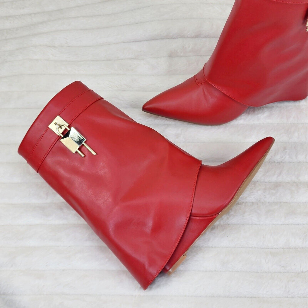 Valley Fold Over Skirted Ankle Boots Wedge Heels Soft Vegan Leather Red - Totally Wicked Footwear