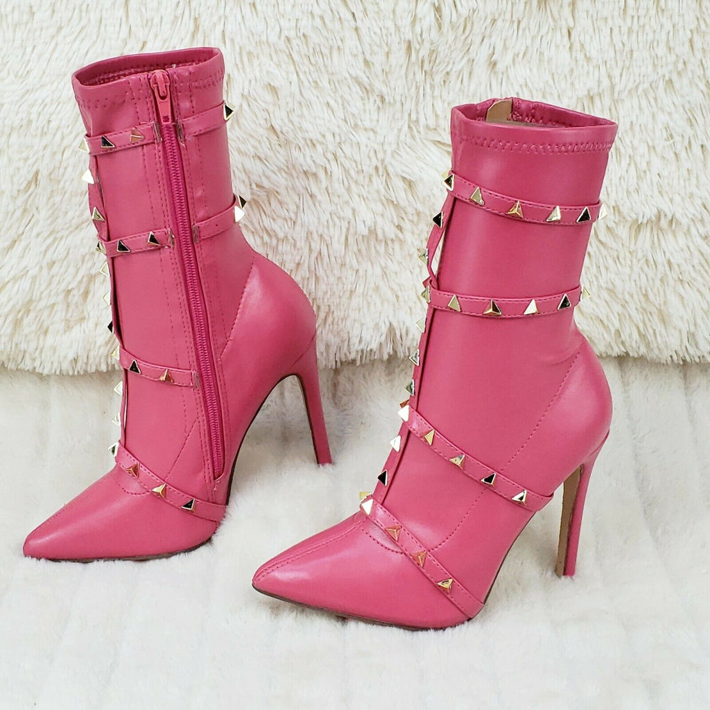 Mark Pyramid Stud Strap High Heel Pointy Toe Stretch Ankle Boots Fuchsia Pink - Totally Wicked Footwear