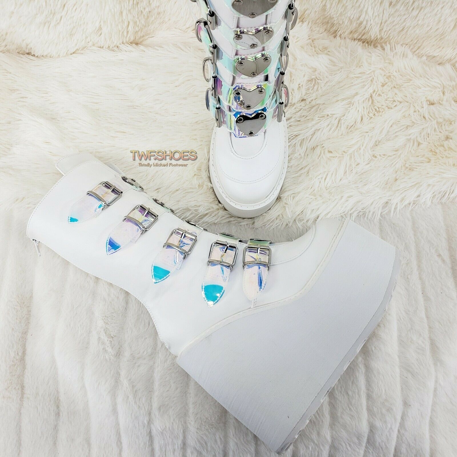 Cyber Swing 230 White Boot 5.5" Platform Heart Hologram Strap Design NY Restock - Totally Wicked Footwear