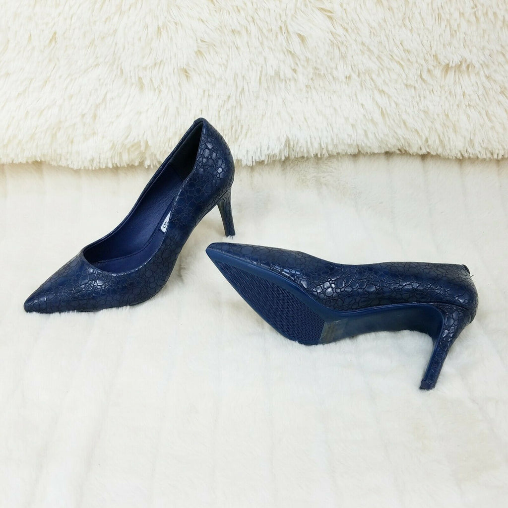 Monica Textured 3.5" Heel Pointy Toe Pump Shoes Navy Blue - Totally Wicked Footwear
