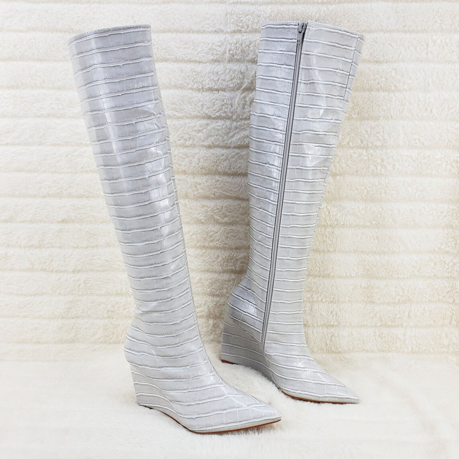 Ice White / Grey Reptile Texture Knee High Wedge Heel Boots Lexis - Totally Wicked Footwear