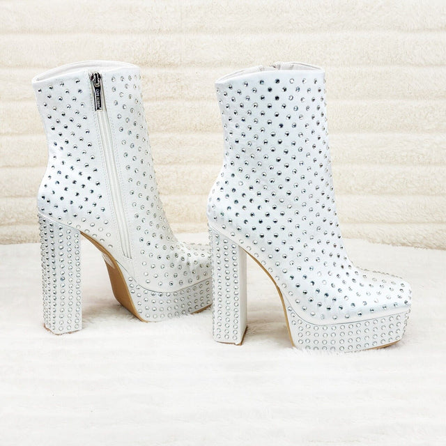 Fame Platform Chunky Block Heel Rhinestone Ankle Boots White Satin Brand New - Totally Wicked Footwear