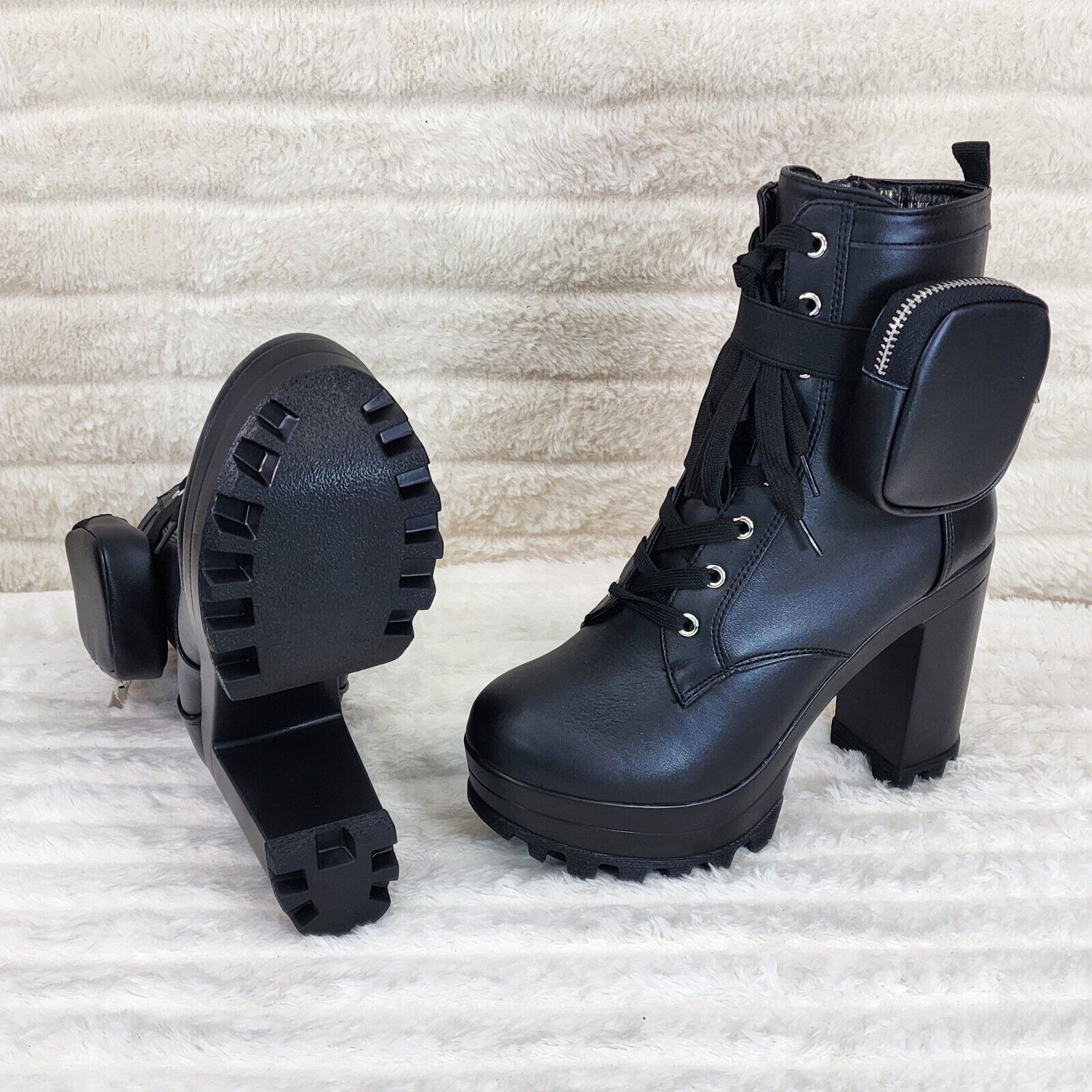 Secrets Black Chunky Block Heel Side Purse/Pouch Ankle Boots Brand New - Totally Wicked Footwear