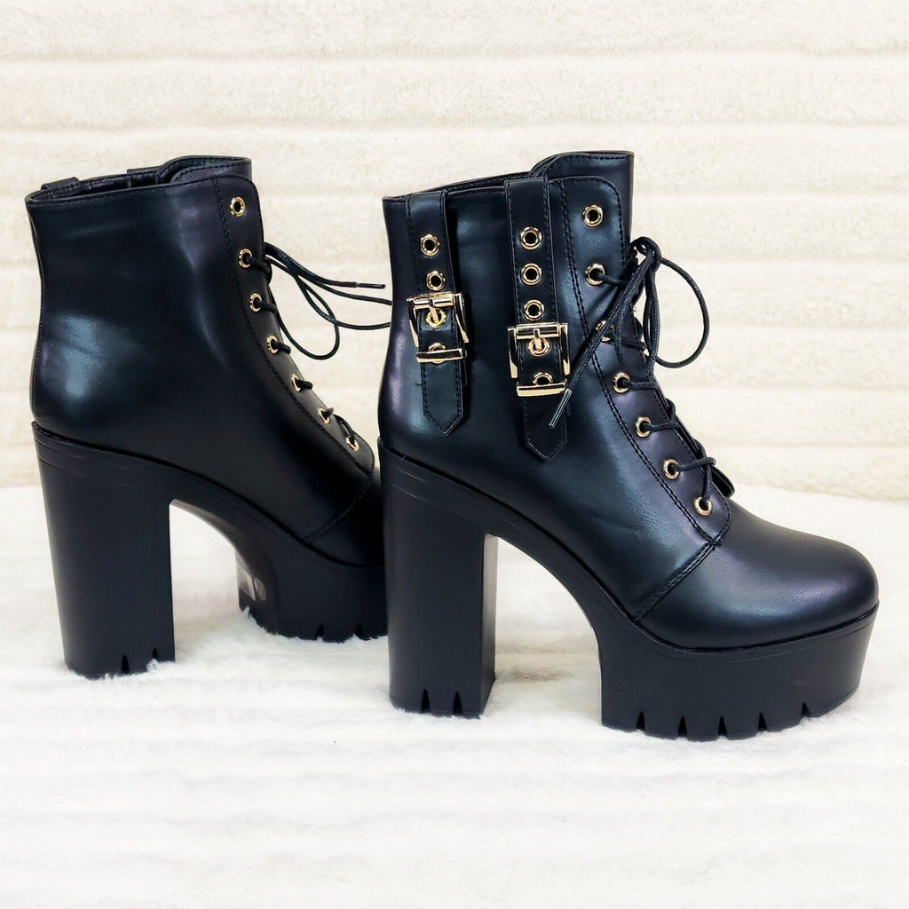 Linda Black Chunky Block Heel Lave Up Ankle Boots Brand New - Totally Wicked Footwear