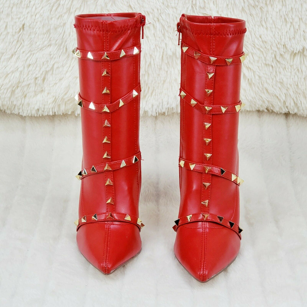 Mark Pyramid Stud Strap High Heel Pointy Toe Stretch Ankle Boots Red - Totally Wicked Footwear
