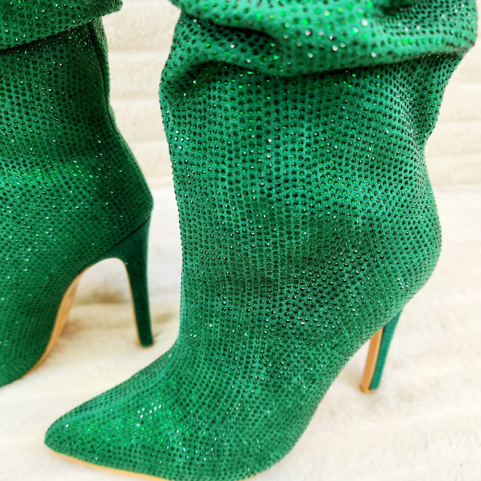 Radiant Emerald Green Rhinestone High Heel Slouch Knee High Boots - Totally Wicked Footwear