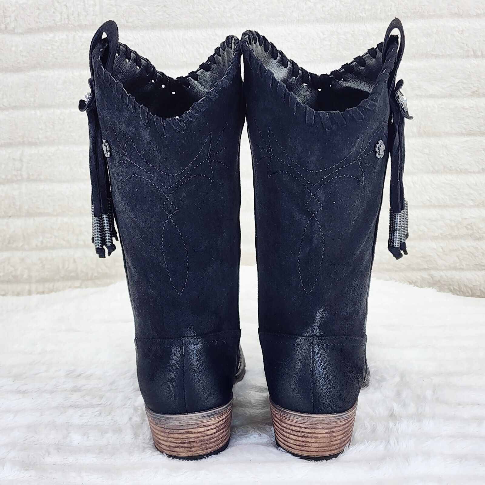 Prairie Girl Black Distressed Tassel Cowboy Cowgirl Pull On Mid Calf Boots - Totally Wicked Footwear