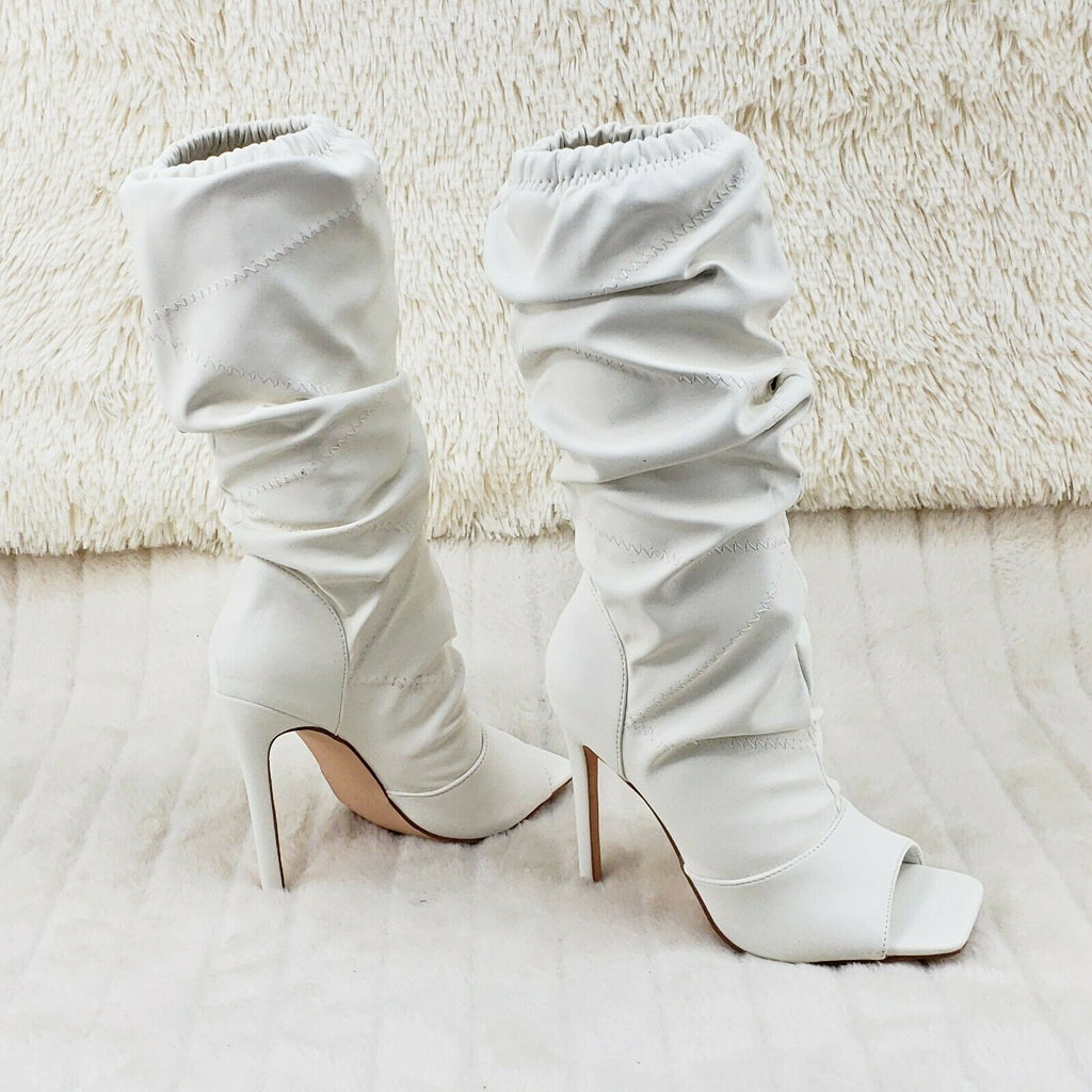 Victoria Bone White Square toe Mid Calf Adjustable Slouch Scrunch Pull On Boots - Totally Wicked Footwear