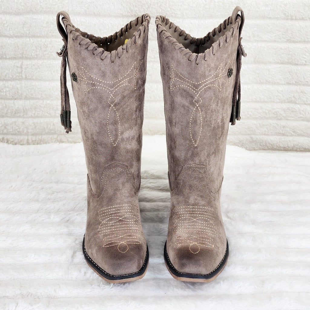Prairie Girl Taupe Distressed Tassel Cowboy Cowgirl Pull On Mid Calf Boots - Totally Wicked Footwear