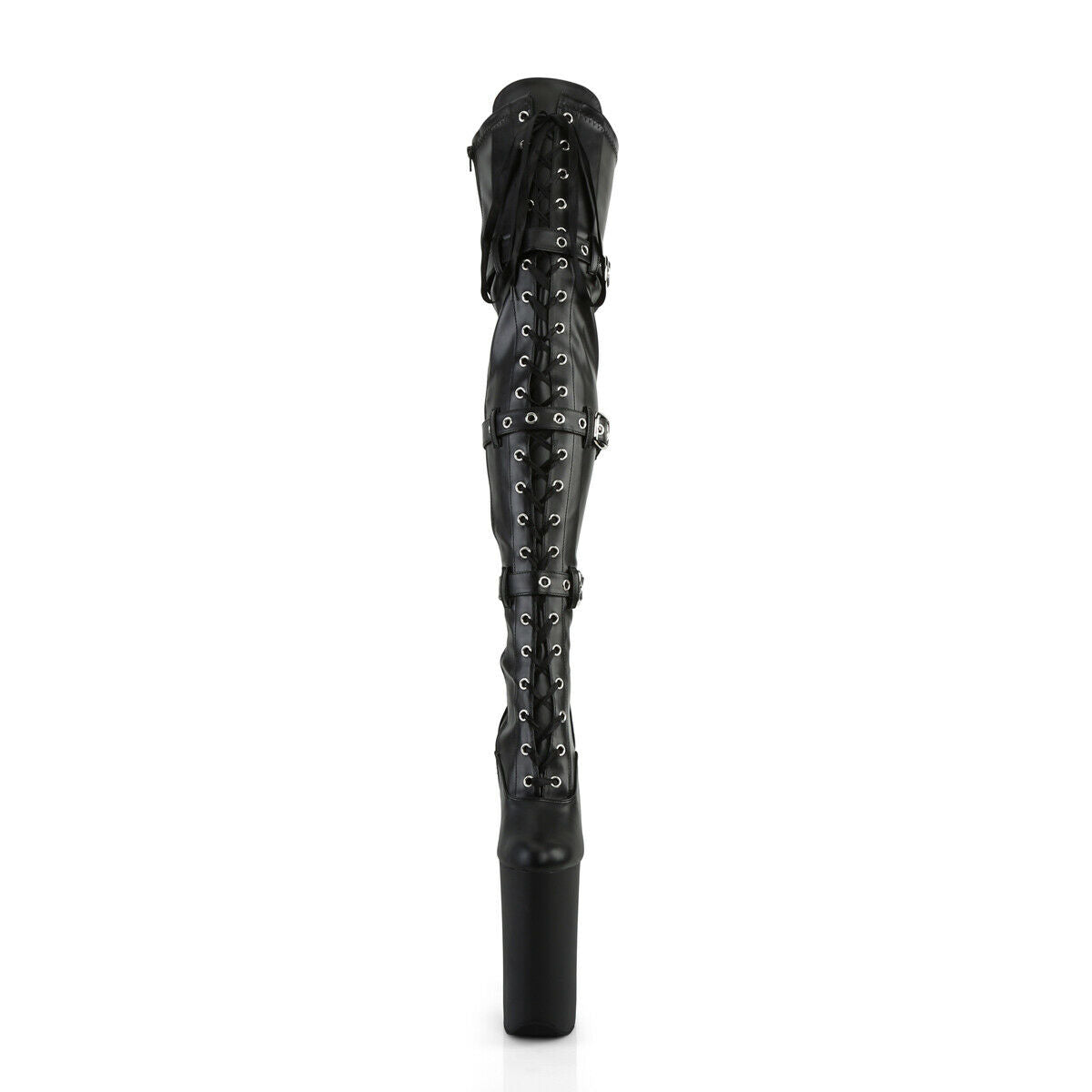 Beyond 3028 Buckle Lace Up Thigh High Black Matte Boots 10" Heels - Totally Wicked Footwear